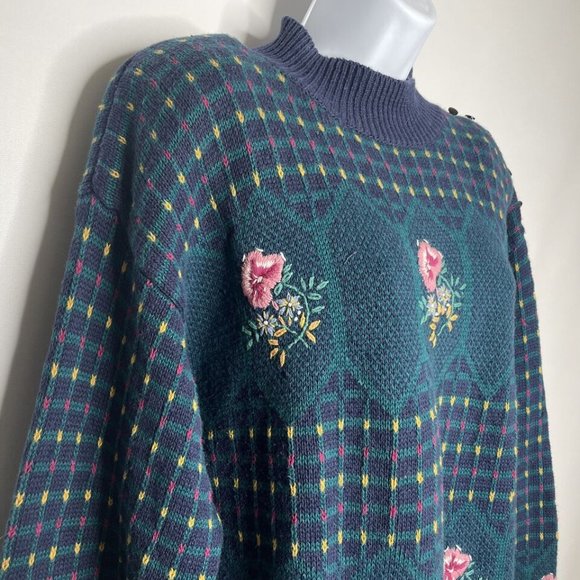 Vintage 80s Ninon de Lenclos Blue Green Check Sweater Floral Embroidered - Picture 4 of 8